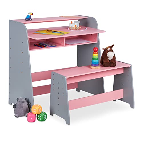 Relaxdays Kindertisch mit Sitzbank, 2 Fächer, höhenverstellbarer Kinderschreibtisch, HxBxT: 88 x 90 x 48 cm, rosa/grau von Relaxdays