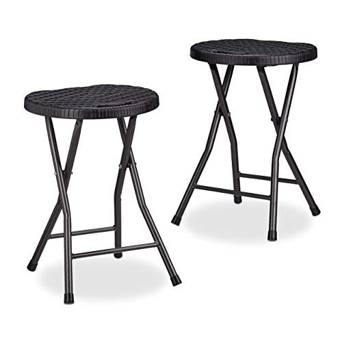 Relaxdays Klapphocker BASTIAN rund, 2 Stk. Faltbar, Kunststoff, Rattanoptik, Wetterfest HxBxT: 45 x 32,5 x 29 cm, schwarz von Relaxdays