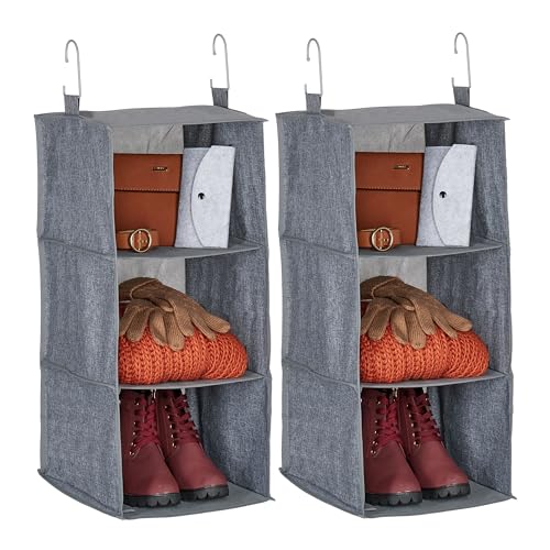 Relaxdays Kleiderschrank Hängeregal 2er Set, 3 Fächer, Stoff, HBT: 73x30x30 cm, je 2 Haken, Schrankaufbewahrung, grau von Relaxdays