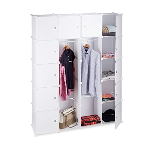 Relaxdays Kleiderschrank Stecksystem mit 2 Kleiderstangen, Garderobe mit 14 Fächer, Kunststoff Regalsystem, weiß von Relaxdays