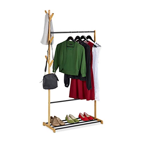 Relaxdays Kleiderständer Bambus & Metall, Kleiderstange mit Schuhablage, 6 Haken, HBT: 168 x 80 x 38 cm, Natur/schwarz von Relaxdays