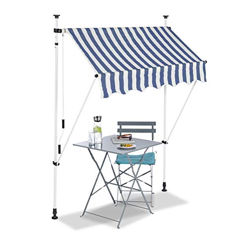 Relaxdays Klemmmarkise, Balkon Sonnenschutz, einziehbar, Fallarm, ohne Bohren, verstellbar, 150 cm breit, blau gestreift von Relaxdays