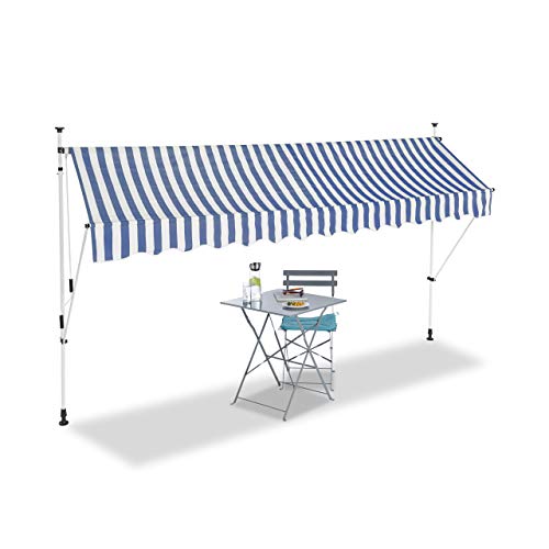 Relaxdays Klemmmarkise, Balkon Sonnenschutz, einziehbar, Fallarm, ohne Bohren, verstellbar, 350 cm breit, blau gestreift von Relaxdays