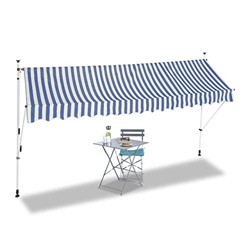 Relaxdays Klemmmarkise, Balkon Sonnenschutz, einziehbar, Fallarm, ohne Bohren, verstellbar, 400 cm breit, blau gestreift von Relaxdays