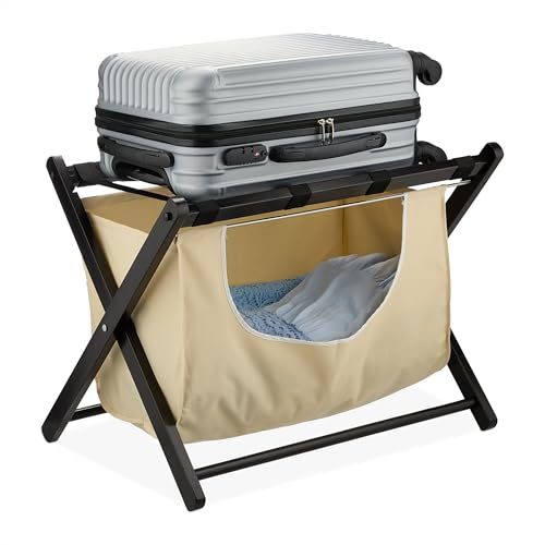 Relaxdays Kofferständer, klappbar, Holz, HxBxT: 52 x 68 x 47 cm, Gepäckständer mit Wäschesack, Hotel, schwarz/beige von Relaxdays
