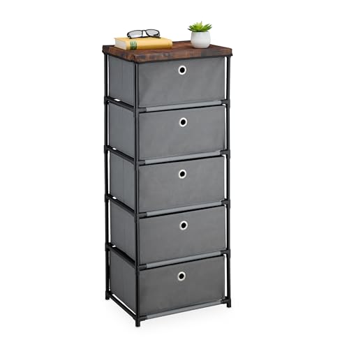 Relaxdays Kommode, 5 Stoffschubladen, Metall, Holzoptik, 105 x 43 x 33 cm, Wohnzimmer, Flur, Beistellkommode, grau/braun von Relaxdays