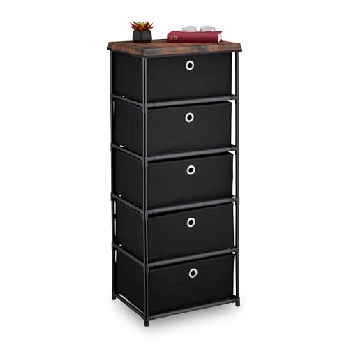 Relaxdays Kommode, 5 Stoffschubladen, Metall, Holzoptik, 105x43x33 cm, Wohnzimmer, Flur, Beistellkommode, schwarz/braun von Relaxdays