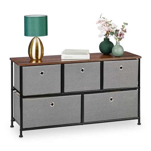 Relaxdays Kommode, HxBxT: 54,5 x 100 x 30 cm, Sideboard Stoff & Stahl, 5 Schubladen, Industrial Flurkommode, grau/braun von Relaxdays