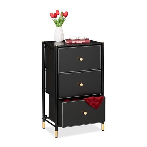 Relaxdays Kommode, HxBxT: 76,5 x 46 x 30 cm, 3 Schubladen, Sideboard Stoff & Stahl, Schubladenschrank, schwarz/Gold von Relaxdays