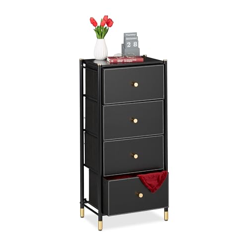 Relaxdays Kommode, HxBxT: 98,5 x 46 x 30 cm, 4 Schubladen, Sideboard Stoff & Stahl, Schubladenschrank, schwarz/Gold von Relaxdays