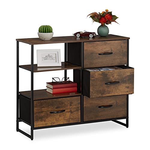 Relaxdays HxBxT 71,5 x 84 x 32,5 cm Kleiderschrank braun-schwarz Kommode Industrial, HBT, Stoff, Metall, Holzoptik, 4 Schubladen, Sideboard, 60% Faserplatte 30% Eisen 10% Holz von Relaxdays