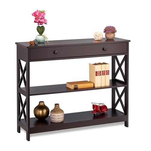 Relaxdays Konsolentisch mit Schublade, 3 Ebenen, HBT 80 x 100 x 30 cm, schmal, Ablagetisch, Flur, Wohnzimmer, MDF, braun von Relaxdays