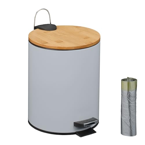 Relaxdays Kosmetikeimer 5 L, Absenkautomatik, Inneneimer entnehmbar, Badmülleimer, Metall, Bambus, mit Müllbeuteln, grau von Relaxdays