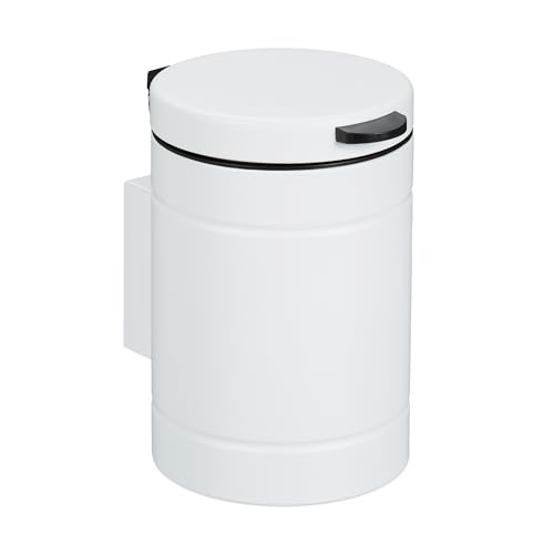 Relaxdays Kosmetikeimer Wandmontage, 3 Liter, Absenkautomatik, Inneneimer, Metall, runder Badezimmer Mülleimer, weiß von Relaxdays
