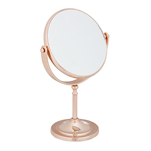 Relaxdays Kosmetikspiegel, 2-Fach Vergrößerung, Tischspiegel zweiseitig, 360° drehbar, rund, HBT 27,5x18x10,5 cm, Kupfer von Relaxdays