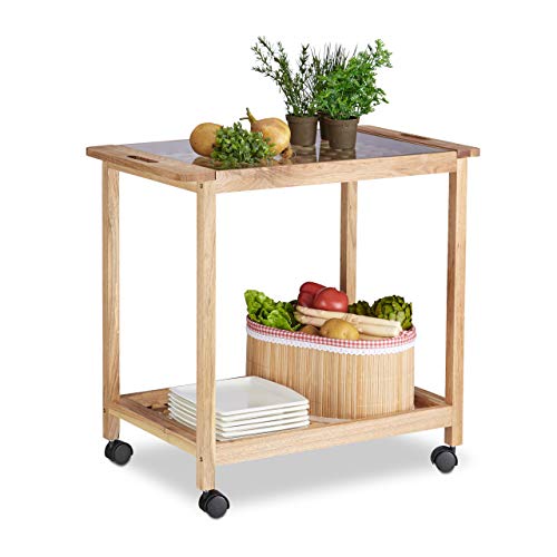 Relaxdays Küchenwagen auf Rollen, Holz Servierwagen mit Glasplatte, 2 Etagen Rollwagen, HxBxT: 62 x 66 x 38 cm, natur, Braun von Relaxdays