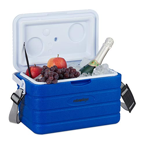 Relaxdays Kühlbox 10 l, Kühlkiste für unterwegs, Tragegurt & Griff, ohne Strom, Isolierbox HBT 22,5 x 37,5 x 23 cm, blau von Relaxdays