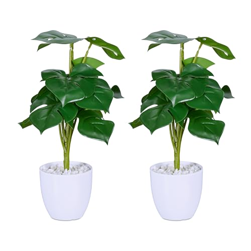 Relaxdays Kunstpflanze Monstera, 2er Set künstliche Pflanzen, im Topf, Plastikpflanzen, H x D: 33 x 20 cm, grün/weiß von Relaxdays