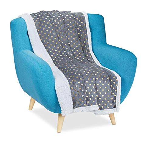 Relaxdays Kuscheldecke, goldene Herzen, Flauschige Decke mit Lammfelloptik, zweiseitige Couchdecke, 150x200cm, grau/weiß, Polyester, 1 Stück von Relaxdays