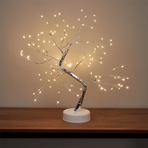 Relaxdays LED Baum, biegsame Zweige, batteriebetrieben & USB, warmweiß, Dekobaum innen, Lichterbaum Bonsai, silber/weiß von Relaxdays