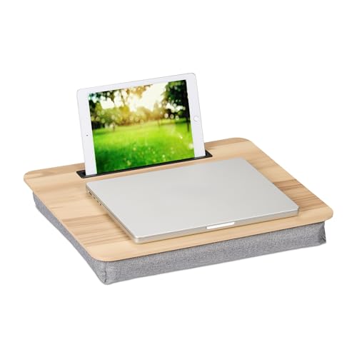 Relaxdays Laptopkissen mit Handyhalter, BxT: 46 x 35 cm, Laptopunterlage für Bett & Sofa, Laptop Knietablett, Natur/grau von Relaxdays
