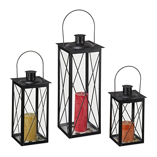 Relaxdays Laternen 3er Set, Dekolaternen für draußen & drinnen, 3 Größen, Metall & Glas, Windlichter für Kerzen, schwarz von Relaxdays