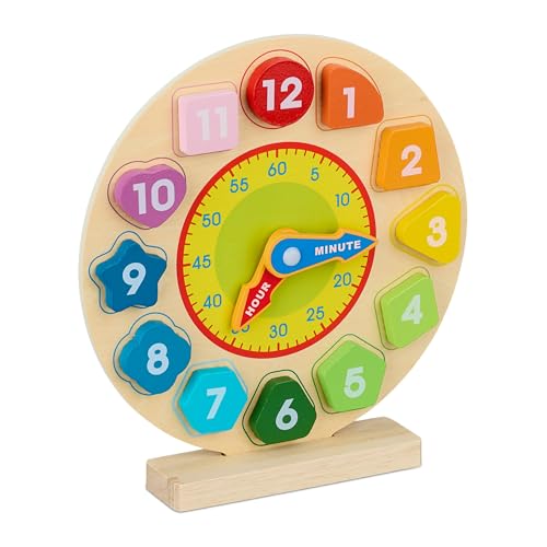 Relaxdays Lernuhr für Kinder, Spielzeuguhr aus Holz, Uhrzeit lernen, Kinder ab 3 Jahren, Kinderlernuhr, Schüleruhr, bunt von Relaxdays