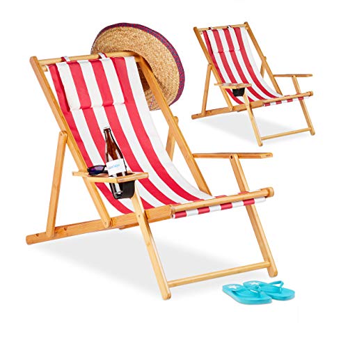 Relaxdays Liegestuhl im 2er Set, Strandliegestuhl mit Getränkehalter Ø 10 cm, Bambus, für Balkon & Garten, klappbar, rot von Relaxdays