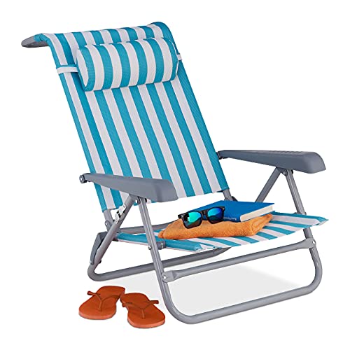 Relaxdays Liegestuhl klappbar, 8-stufig verstellbar, Strandstuhl mit Nackenkissen, Armlehnen & Flaschenöffner, blau/weiß, 1 Stück von Relaxdays
