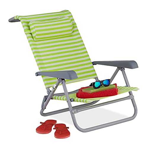 Relaxdays Liegestuhl klappbar, 8-stufig verstellbar, Strandstuhl mit Nackenkissen, Armlehnen & Flaschenöffner, grün/weiß, 50% Stahl, 1 Stück von Relaxdays