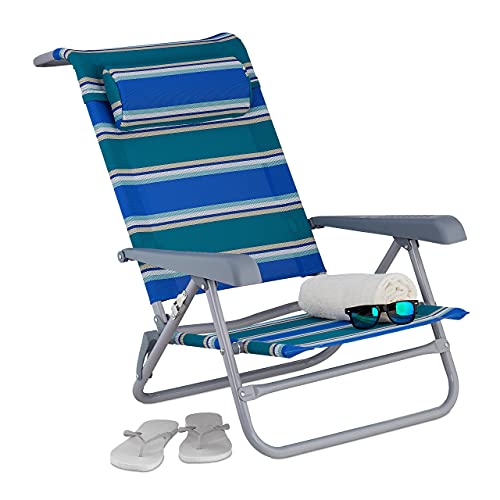 Relaxdays Liegestuhl klappbar, verstellbar, Strandstuhl mit Nackenkissen, Armlehnen & Flaschenöffner, blau/grün/weiß, Aus Textilene & Stahl gefertigt, 1 Stück von Relaxdays