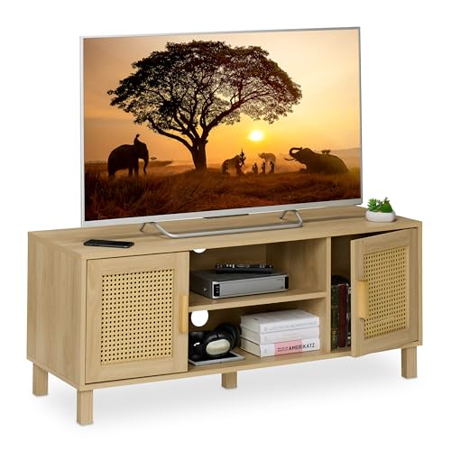 Relaxdays TV-Lowboard, Rattan-Design, Fernsehtisch für bis zu 50 Zoll, Holzoptik, HBT: 48 x 115 x 40 cm, TV-Bank, Natur von Relaxdays