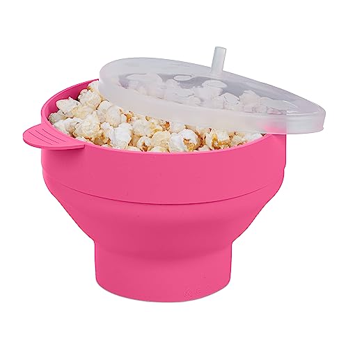 Relaxdays Popcorn Maker für Mikrowelle, Silikon, BPA-frei, Popcorn-Popper mit Deckel & Griffen, zusammenfaltbar, pink von Relaxdays