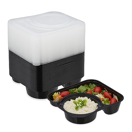 Relaxdays Meal Prep Boxen, 24er Set, 1200ml, 2 Fächer, mikrowellen- & gefrierschranktauglich, Food Prep Boxen, schwarz/transparent von Relaxdays