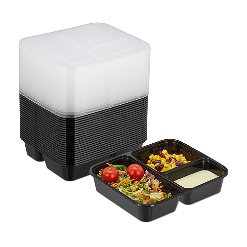 Relaxdays Meal Prep Boxen, 24er Set, 3 Fächer, mikrowellengeeignet, wiederverwendbar, Kunststoff Essensbehälter, schwarz von Relaxdays