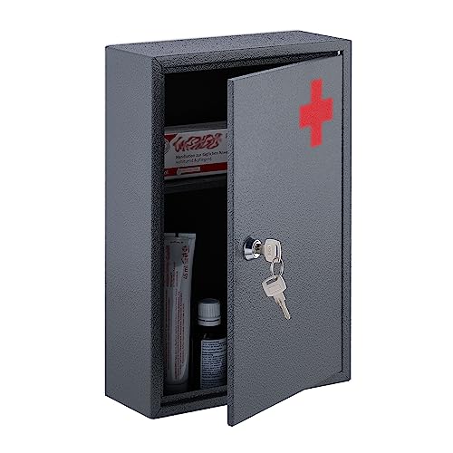 Relaxdays Medizinschrank, abschließbar, 2 Fächer, HxBxT: 32 x 21,5 x 8,5 cm, für Medikamente, Arzneischrank, grau/rot von Relaxdays