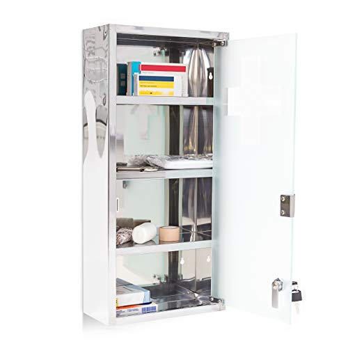 Relaxdays Medizinschrank groß H x B x T: 57 x 27 x 12 cm Apothekerschrank mit 4 Ablagen Arzneischrank Medikamentenschrank für Erste Hilfe aus glänzendem Metall mit Milchglas Tür abschließbar, silber von Relaxdays