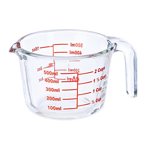 Relaxdays Messbecher Glas, 500 ml, hitzebeständig, mikrowellengeeignet, Skala in Milliliter, Cups, oz, Transparent, Rot, 9 x 13 x 17.5 cm von Relaxdays