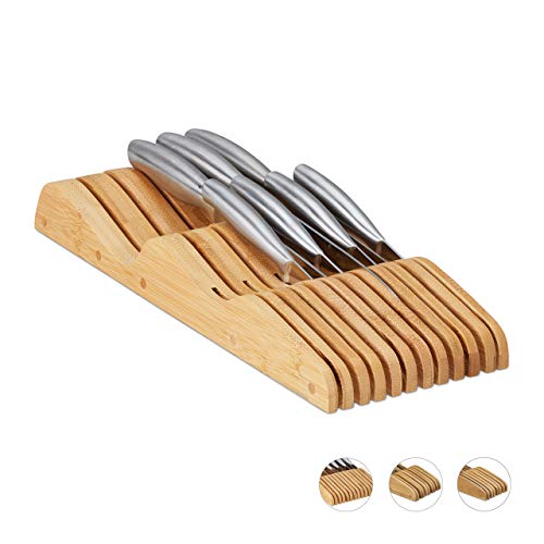 Relaxdays Messerblock Schublade, liegend, Bambus, für 11 Messer, HBT 5x14,5x40 cm, Schubladeneinsatz, Natur von Relaxdays