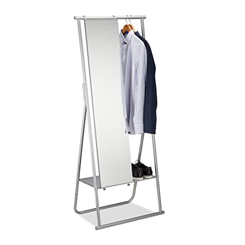 Relaxdays Metall Garderobe mit Ganzkörperspiegel, Kleiderstange & Ablage, Garderobenständer HBT 156,5x64,5x39 cm, silber von Relaxdays