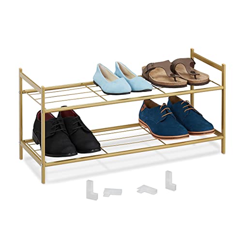 Relaxdays Metall Schuhregal, 2 Ebenen, stapelbar, Flur Schuhgestell HBT 33,5 x 70 x 26 cm, 6 Paar Schuhe, offen, gold von Relaxdays