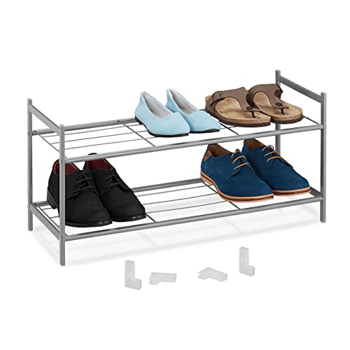 Relaxdays Metall Schuhregal, 2 Ebenen, stapelbar, Flur Schuhgestell HBT 33,5 x 70 x 26 cm, 6 Paar Schuhe, offen, silber von Relaxdays