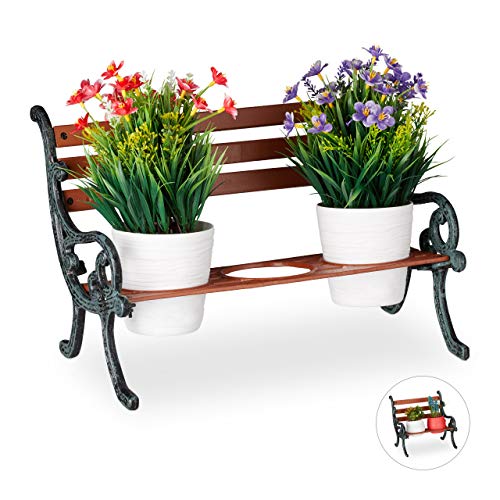 Relaxdays Mini Blumenbank, Gusseisen & Holz, Blumenständer für 3 Blumentöpfe, Ø 9 cm, Garten Deko Bank, braun/grau-grün von Relaxdays