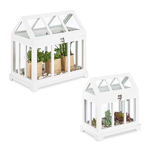 Relaxdays Mini Gewächhaus, 2er Set, für die Fensterbank, Indoor Treibhaus, Glas und MDF, Kräuter, Blumen, 2 Größen, weiß, 37 x 37.5 x 24 cm von Relaxdays