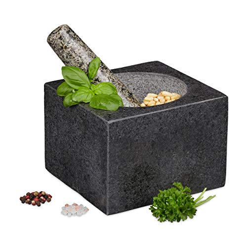 Relaxdays Mörser mit Stößel, Granit, poliert, für Gewürze & Kräuter, 500 ml, Steinmörser BxT: 14,5 x 14,5 cm, dunkelgrau von Relaxdays