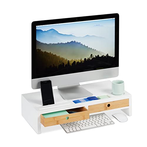 Relaxdays Monitorständer, 2 Schubladen, PC Erhöhung für Schreibtisch, Bambus & MDF, HBT: 12 x 55,5 x 27 cm, weiß/Natur, Bambus + MDF L von Relaxdays
