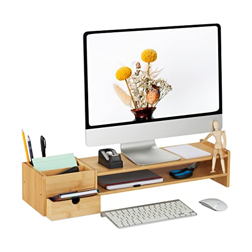 Relaxdays Monitorständer, Bambus, Schublade & 5 Fächer, HxBxT: 13 x 70 x 19 cm, Bildschirmständer Schreibtisch, Natur von Relaxdays