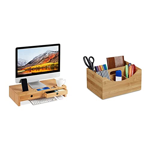 Relaxdays Monitorständer, aus Bambus, Bildschirmerhöhung mit 2 Schubladen & Ablagen, HBT 12x56x27cm, Natur & Schreibtischorganizer Bambus, Stifteköcher, 4 Fächer, HxBxT: ca. 12 x 25 x 18 cm, Natur von Relaxdays