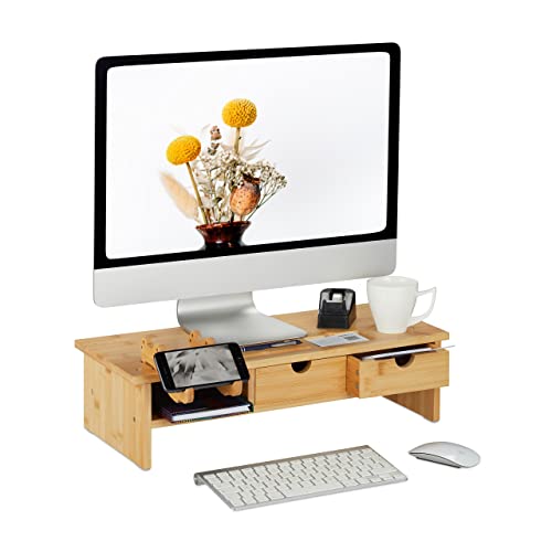 Relaxdays Monitorständer Bambus, 2 Schubladen, Handyhalter, HBT: 17,5x54x31,5 cm, Bildschirmerhöhung Schreibtisch, Natur, 14 x 54 x 23 cm von Relaxdays