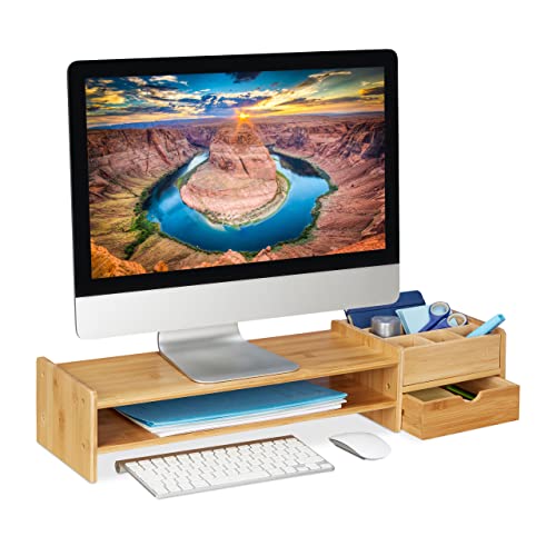 Relaxdays Monitorständer Bambus, Bildschirmerhöhung für Schreibtisch, HBT: 13 x 70 x 19 cm, Schublade & 7 Fächer, Natur von Relaxdays